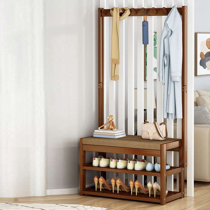 Modern Style Coat Rack Plain Solid Wood Free Standing Coat Hooks Design with Shoes Storage 29.9"L x 11.4"W x 66.1"H Clearhalo 'Entry & Mudroom Furniture' 'furn' 'furn_hall_tree_coat_racks' 'Furniture' 'Hall Trees & Coat Racks' 'hall_tree_coat_racks' 5969192