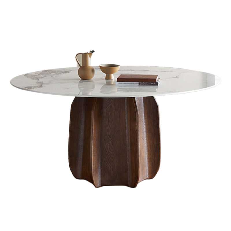 Mesa de comedor redonda Top de piedra moderna Mesa de comedor con pedestal de madera maciza