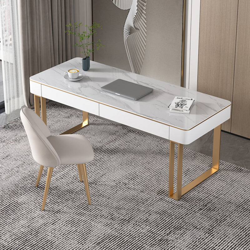 Curved Sled Writing Desk with 2 Drawers Office Desk Stone and Metal Gold Clearhalo 'furn' 'furn_office_desk' 'Furniture' 'Office Desks' 'Office Furniture' 'office_desk' 5971652