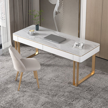 Curved Sled Writing Desk with 2 Drawers Office Desk Stone and Metal Gold Clearhalo 'furn' 'furn_office_desk' 'Furniture' 'Office Desks' 'Office Furniture' 'office_desk' 5971652