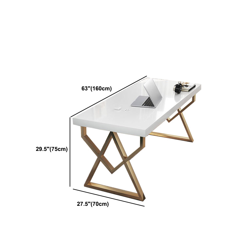Trestle Glam Office Desk Rectangular White and Gold Writing Desk for Bedroom