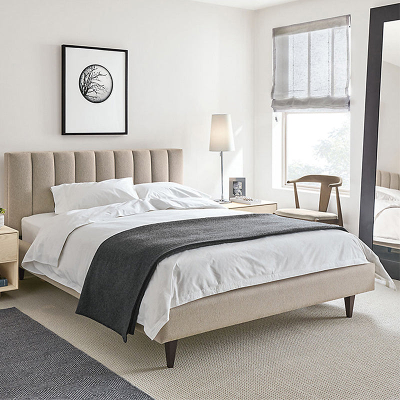 84.65 inch Wide Contemporary Bed Frame Solid Wood Bed with Upholstered Headboard