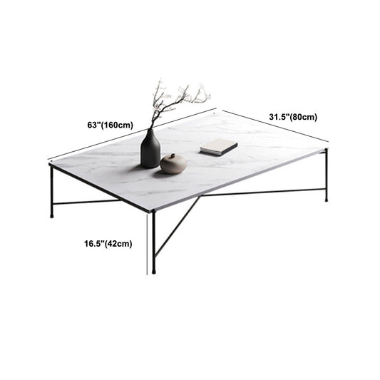 Tavolino in metallo gambe croce con top rettangolare in pietra in bianco