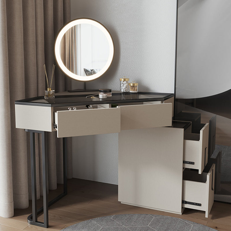 Modern Glass Corner Vanity Table Set 29.53" D 4-Drawer Makeup Vanity Table Clearhalo 'Bedroom Furniture' 'furn' 'furn_makeup_vanities' 'Furniture' 'Makeup Vanities' 'makeup_vanities' 5973912