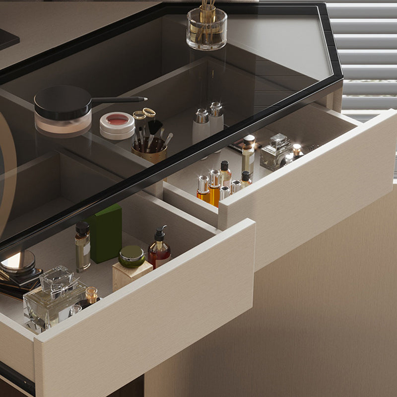 Modern Glass Corner Vanity Table Set 29.53" D 4-Drawer Makeup Vanity Table Clearhalo 'Bedroom Furniture' 'furn' 'furn_makeup_vanities' 'Furniture' 'Makeup Vanities' 'makeup_vanities' 5973915