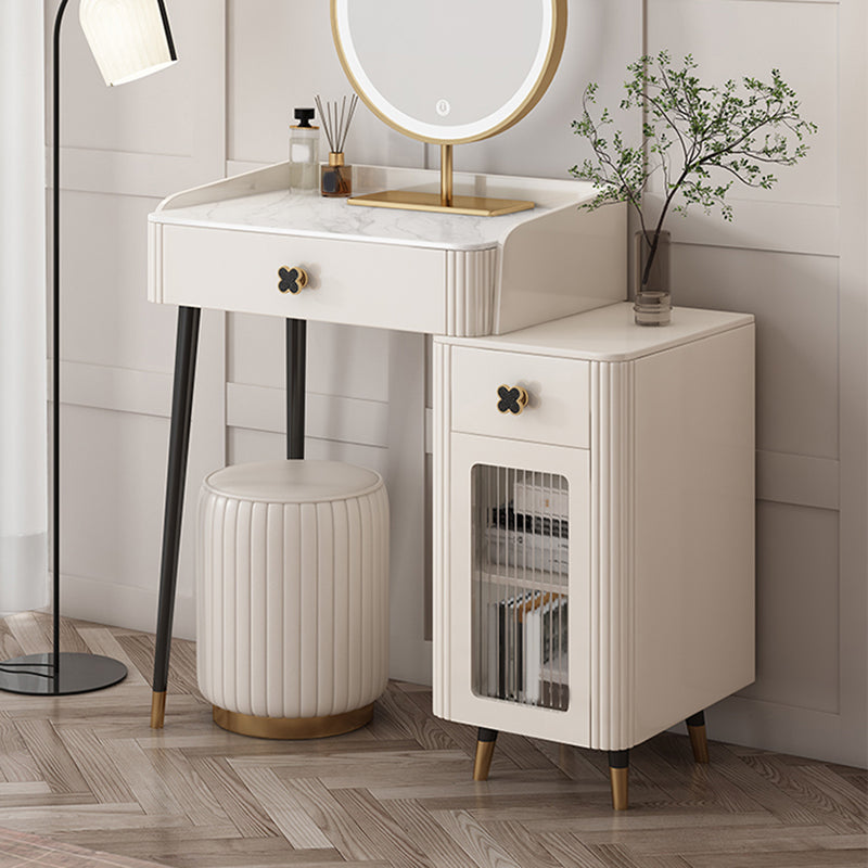 Contemporary Stone Vanity Dressing Table Set with Stool in White of 29.53" H