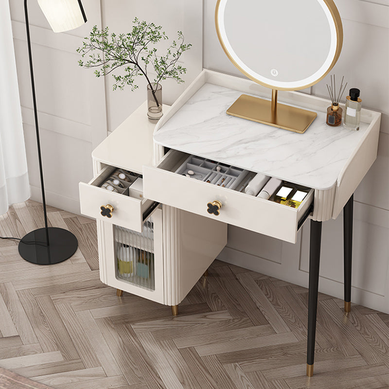 Contemporary Stone Vanity Dressing Table Set with Stool in White of 29.53" H