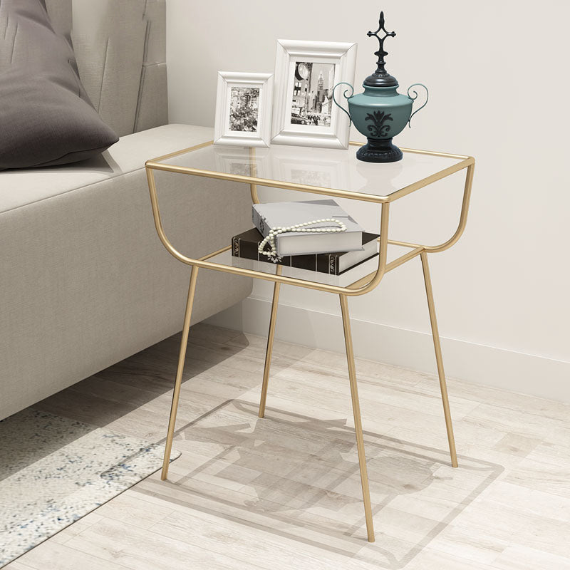 Modern Rectangle Glass Top Side Table 23.6" Tall Iron 4 Legs End Table with Shelf