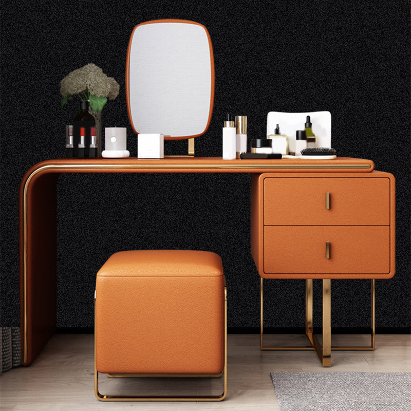 Luxurious Leather Vanity Makeup Table Set 2 Drawers Vanity Table with Mirror & Stool