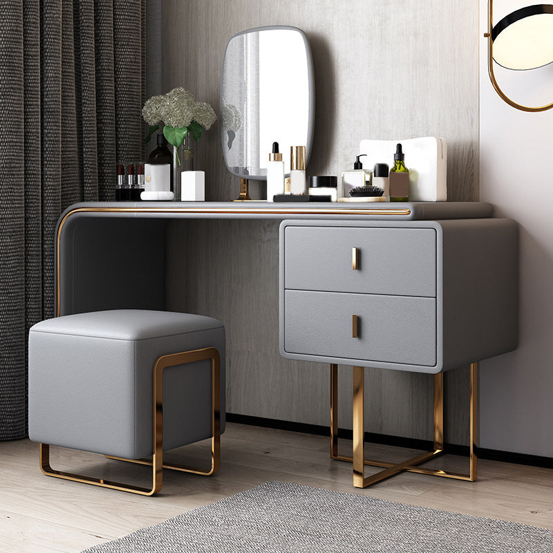 Luxurious Leather Vanity Makeup Table Set 2 Drawers Vanity Table with Mirror & Stool