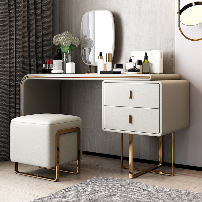 Luxurious Leather Vanity Makeup Table Set 2 Drawers Vanity Table with Mirror & Stool