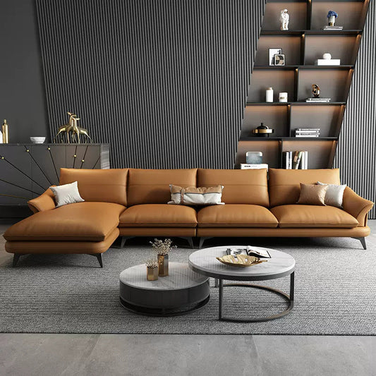 Nordic Stationary Genuine Leather Living Room Flared Arm Sofa Chaise