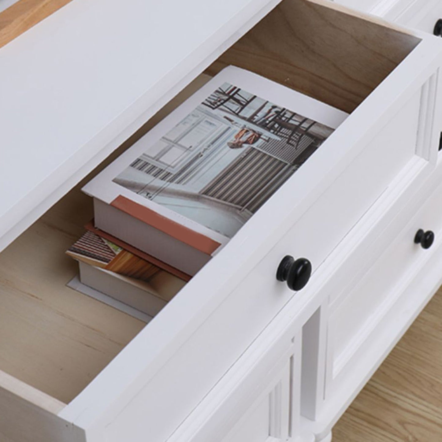 Contemporary White Accent Chest with Drawers and Solid Wood Bun Feet