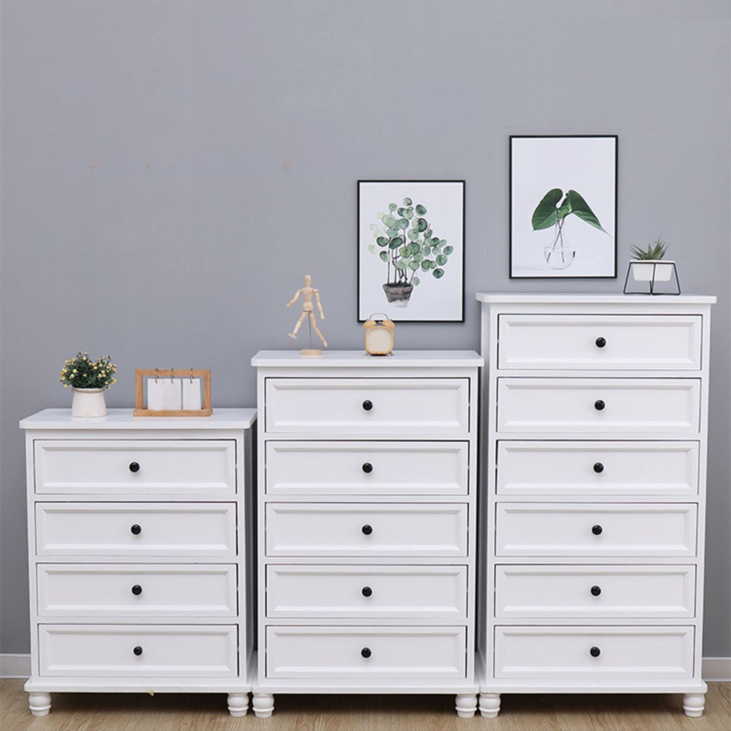 Contemporary White Accent Chest with Drawers and Solid Wood Bun Feet
