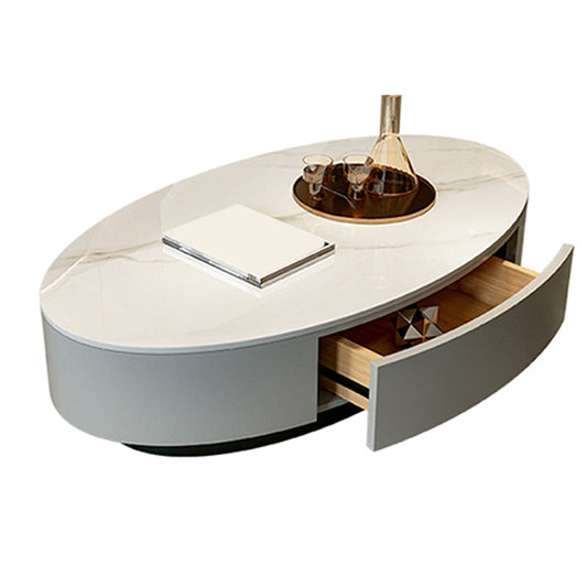 Glam Slate Coffee Table Oval Pedestal Coffee Table with Drawer