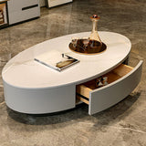 Glam Slate Coffee Table Oval Pedestal Coffee Table with Drawer