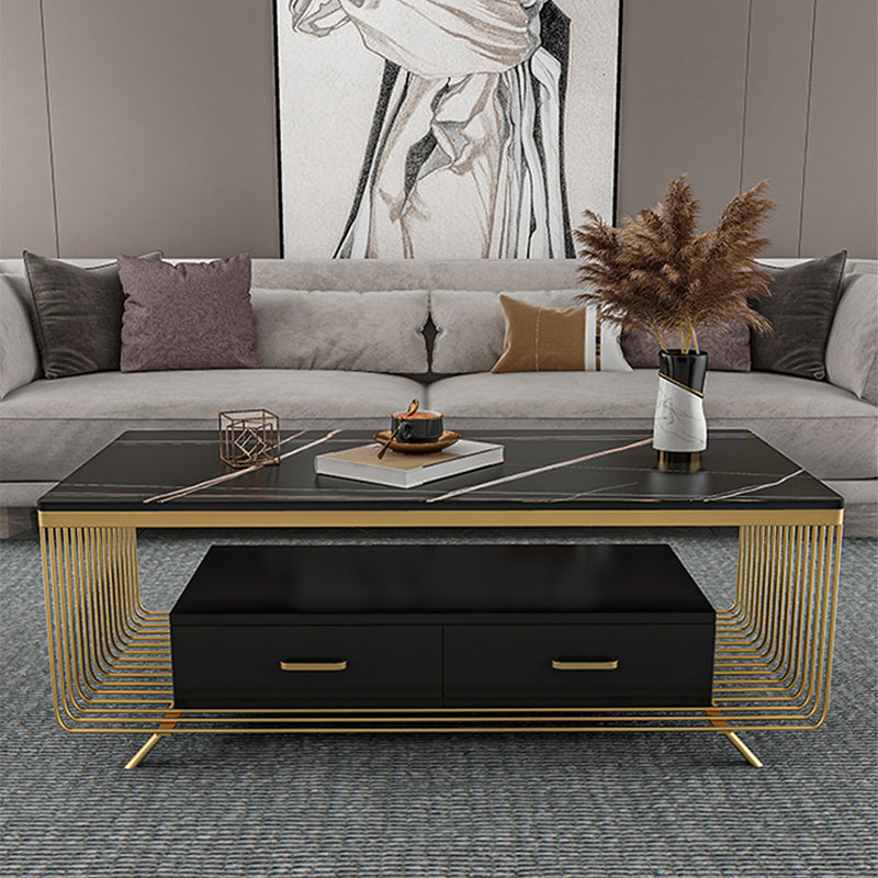 Rectangular Stone 4 Legs Coffee Cocktail Table with 2 Drawers Clearhalo 'Coffee & Accent Tables' 'Coffee Tables' 'coffee_tables' 'furn' 'furn_coffee_tables' 'Furniture' 'Living Room Furniture' 5981017