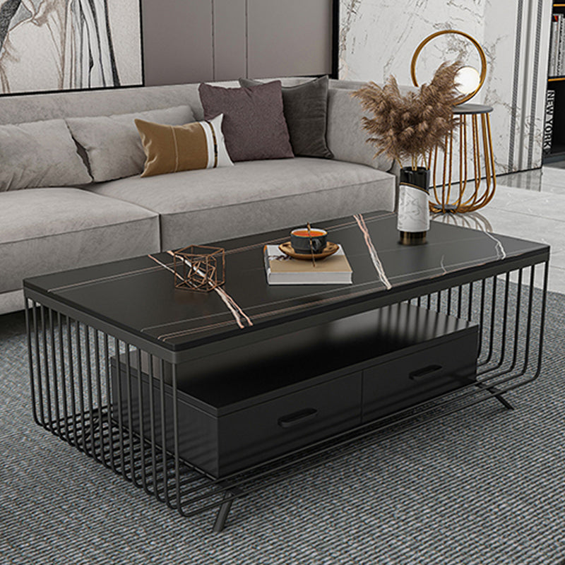 Rectangular Stone 4 Legs Coffee Cocktail Table with 2 Drawers Clearhalo 'Coffee & Accent Tables' 'Coffee Tables' 'coffee_tables' 'furn' 'furn_coffee_tables' 'Furniture' 'Living Room Furniture' 5981026