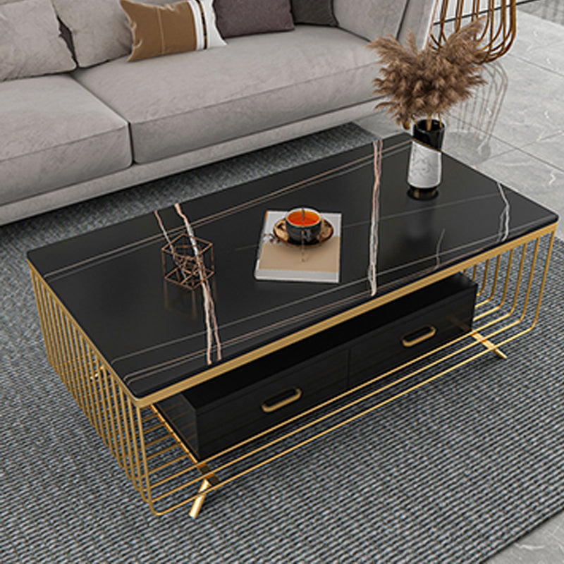 Rectangular Stone 4 Legs Coffee Cocktail Table with 2 Drawers Clearhalo 'Coffee & Accent Tables' 'Coffee Tables' 'coffee_tables' 'furn' 'furn_coffee_tables' 'Furniture' 'Living Room Furniture' 5981029