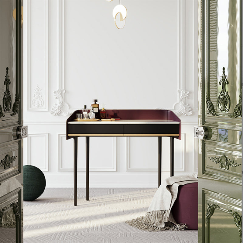 Conjunto de mesa de maquillaje de tocador de piedra simple contemporánea con espejo y taburetes