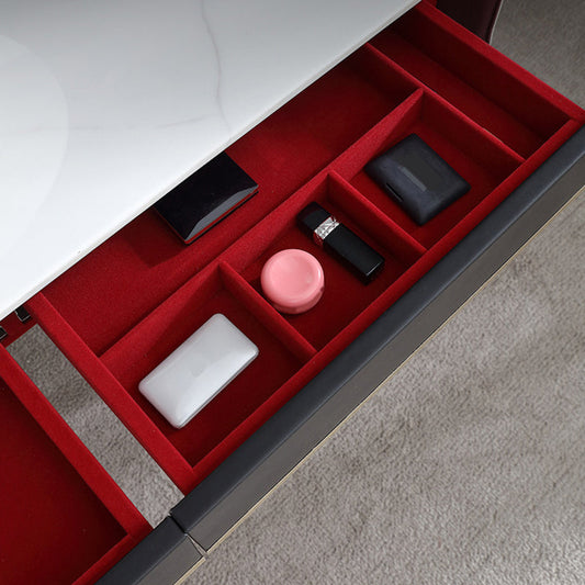 Conjunto de mesa de maquillaje de tocador de piedra simple contemporánea con espejo y taburetes