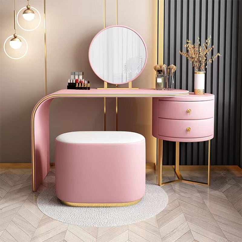 Vanidad de 2 cajones con taburetes y espejo Mesa de tocador de maquillaje de cuero genuino para mujeres