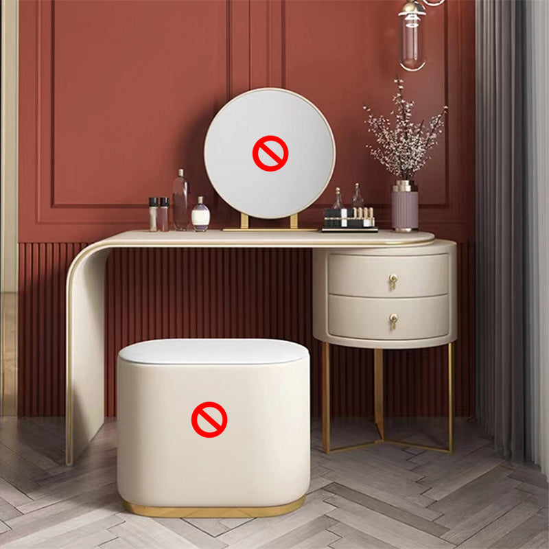 Vanidad de 2 cajones con taburetes y espejo Mesa de tocador de maquillaje de cuero genuino para mujeres