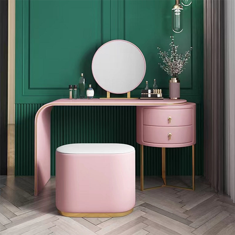 Vanidad de 2 cajones con taburetes y espejo Mesa de tocador de maquillaje de cuero genuino para mujeres