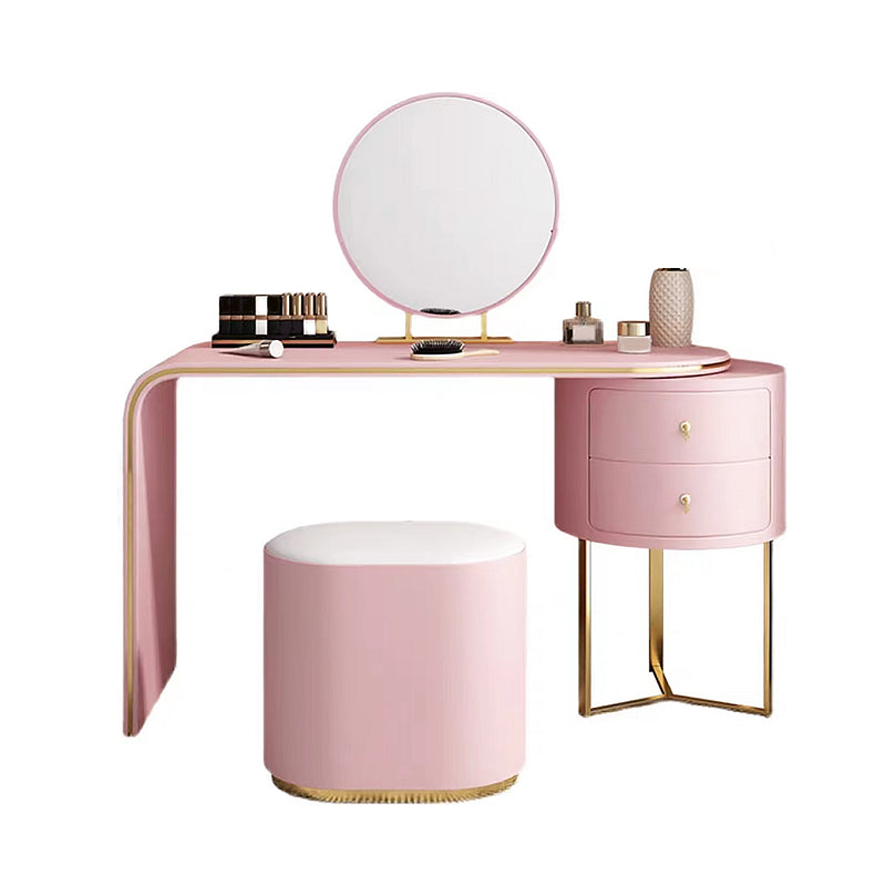 Vanidad de 2 cajones con taburetes y espejo Mesa de tocador de maquillaje de cuero genuino para mujeres