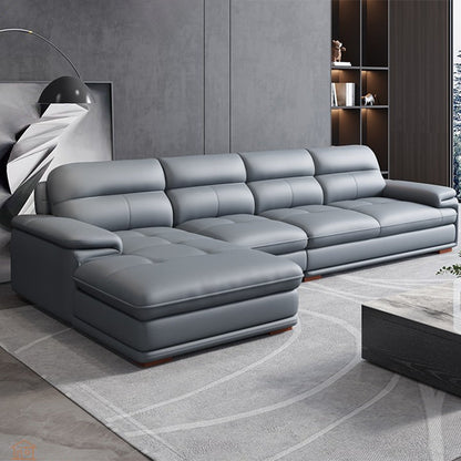 Nordic Stationary Genuine Leather Living Room Recessed Arm Sofa Chaise Gray Blue Left Clearhalo 'furn' 'furn_sectionals' 'Furniture' 'Living Room Furniture' 'Sectionals' 5981902