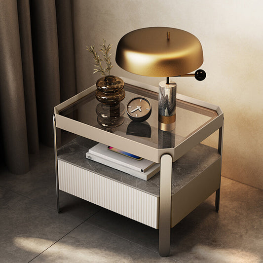 Modern de almacenamiento abierto Pino y mesa nocturna de pino y vidrio para dormitorio