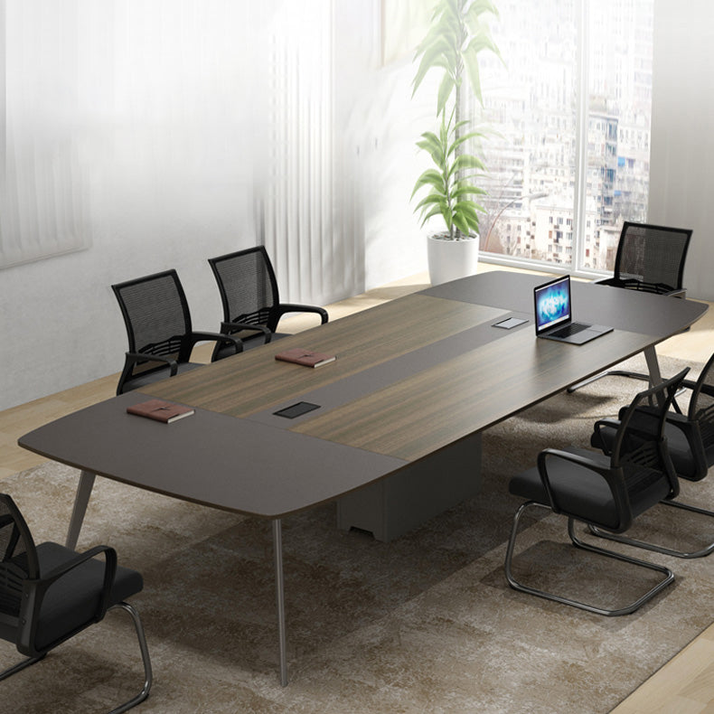 Brown Industrial Office Desk with Iron Pin Legs Artificial Wood Writing Desk Parsons 110.2"L x 47.2"W x 29.5"H Clearhalo 'furn' 'furn_office_desk' 'Furniture' 'Office Desks' 'Office Furniture' 'office_desk' 5983458