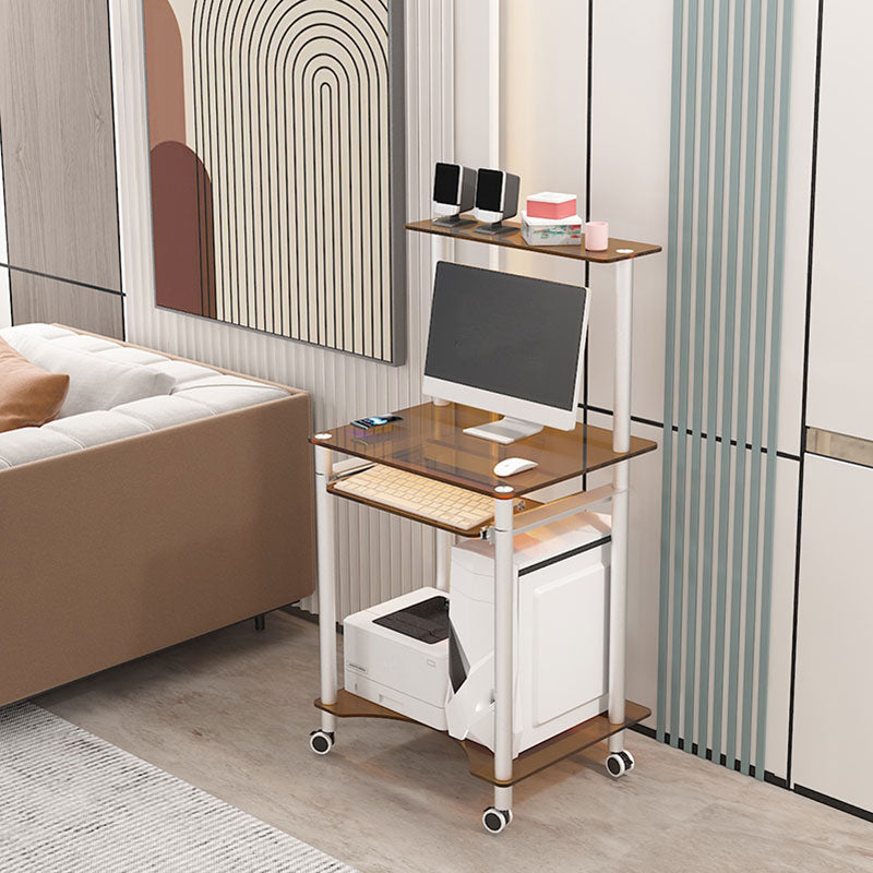 Contemporary Glass Computer Desk Keyboard Tray Rectangular Office Desk 24"L x 20"W x 30"H Tan Shelves Clearhalo 'furn' 'furn_office_desk' 'Furniture' 'Office Desks' 'Office Furniture' 'office_desk' 5983561