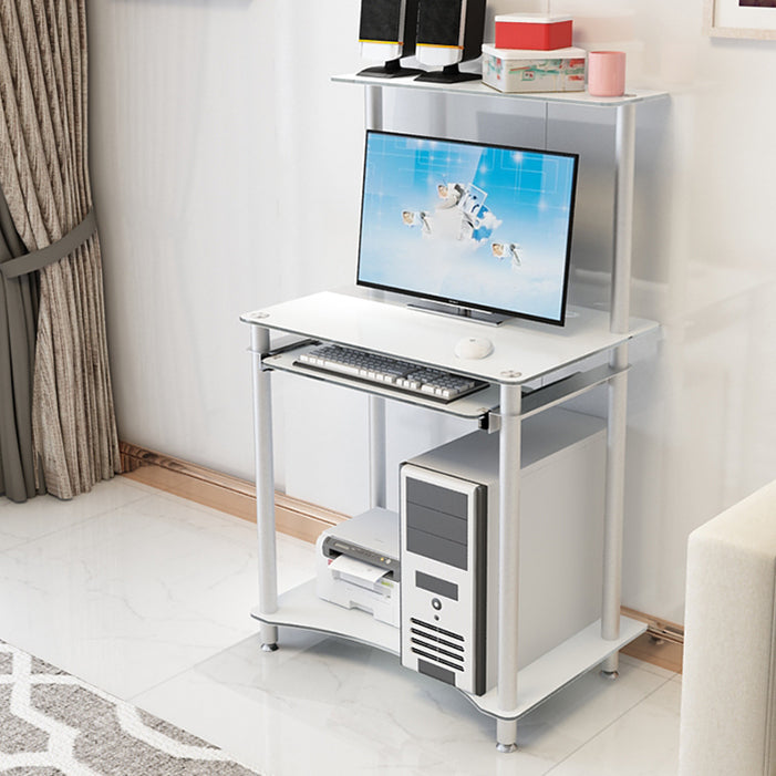 Contemporary Glass Computer Desk Keyboard Tray Rectangular Office Desk 27.5"L x 19.7"W x 29.1"H White Shelves Clearhalo 'furn' 'furn_office_desk' 'Furniture' 'Office Desks' 'Office Furniture' 'office_desk' 5983563