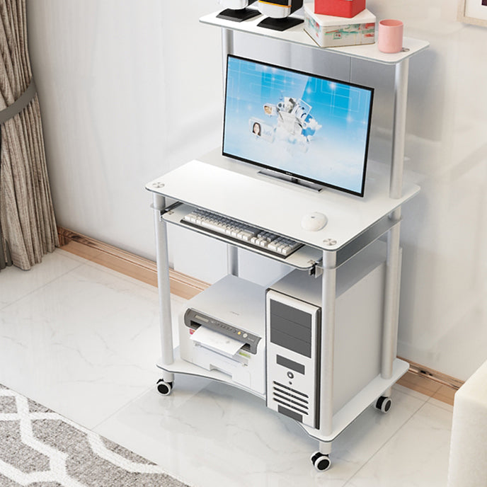 Contemporary Glass Computer Desk Keyboard Tray Rectangular Office Desk 28"L x 20"W x 30"H White Shelves Clearhalo 'furn' 'furn_office_desk' 'Furniture' 'Office Desks' 'Office Furniture' 'office_desk' 5983569