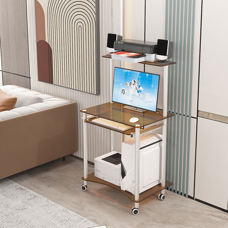 Contemporary Glass Computer Desk Keyboard Tray Rectangular Office Desk 28"L x 20"W x 30"H Tan Shelves Clearhalo 'furn' 'furn_office_desk' 'Furniture' 'Office Desks' 'Office Furniture' 'office_desk' 5983571