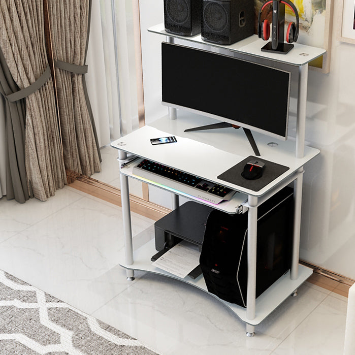 Contemporary Glass Computer Desk Keyboard Tray Rectangular Office Desk 31"L x 20"W x 29"H White Shelves Clearhalo 'furn' 'furn_office_desk' 'Furniture' 'Office Desks' 'Office Furniture' 'office_desk' 5983578