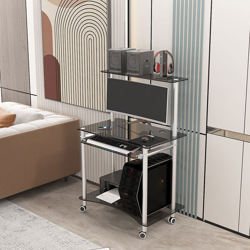 Contemporary Glass Computer Desk Keyboard Tray Rectangular Office Desk 31"L x 20"W x 30"H Grey Shelves Clearhalo 'furn' 'furn_office_desk' 'Furniture' 'Office Desks' 'Office Furniture' 'office_desk' 5983580