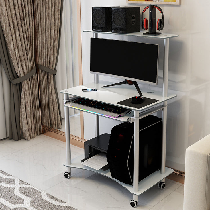 Contemporary Glass Computer Desk Keyboard Tray Rectangular Office Desk 31"L x 20"W x 30"H White Shelves Clearhalo 'furn' 'furn_office_desk' 'Furniture' 'Office Desks' 'Office Furniture' 'office_desk' 5983581