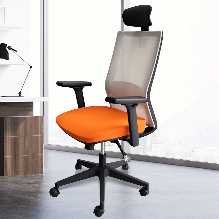 Sedia moderna con braccioli inclusi e rotelle, sedia da scrivania in rete con schienale medio, colore arancione