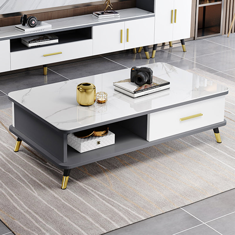 Modernism Rectangular Glass Top Coffee Table 1-Shelf 2-Drawer Cocktail Table Clearhalo 'Coffee & Accent Tables' 'Coffee Tables' 'coffee_tables' 'furn' 'furn_coffee_tables' 'Furniture' 'Living Room Furniture' 5995201