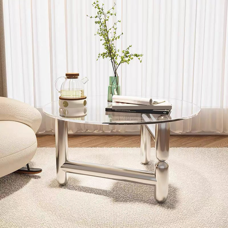 Table basse ronde en verre et acier, 3 pieds, 1 table basse simple