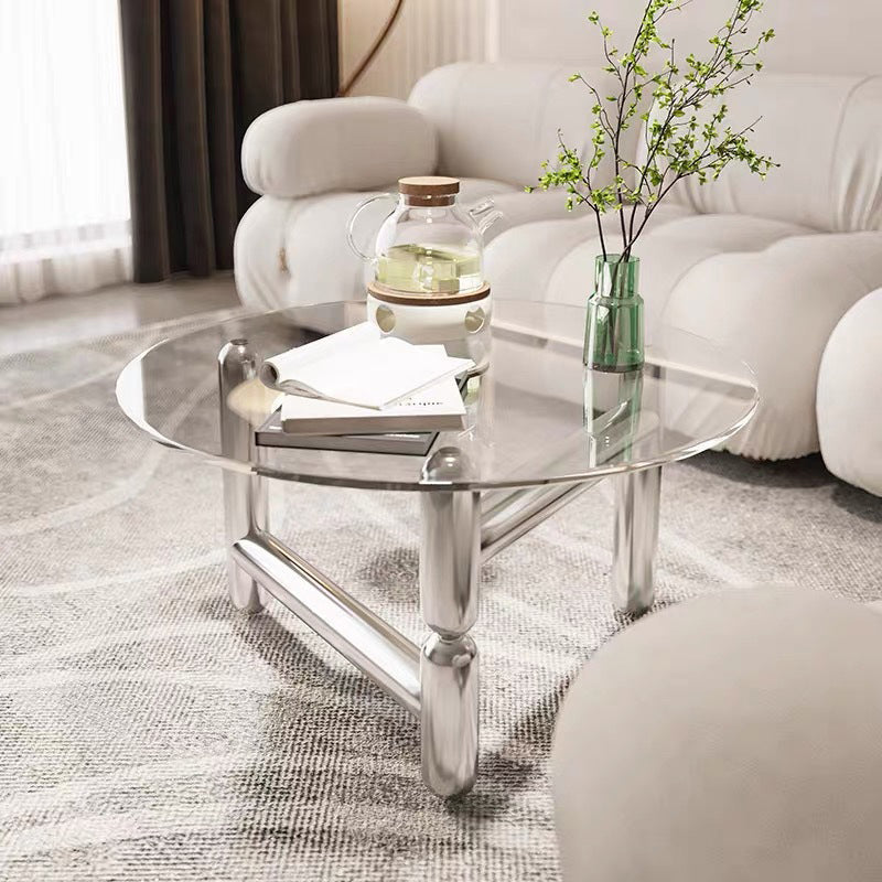 Table basse ronde en verre et acier, 3 pieds, 1 table basse simple