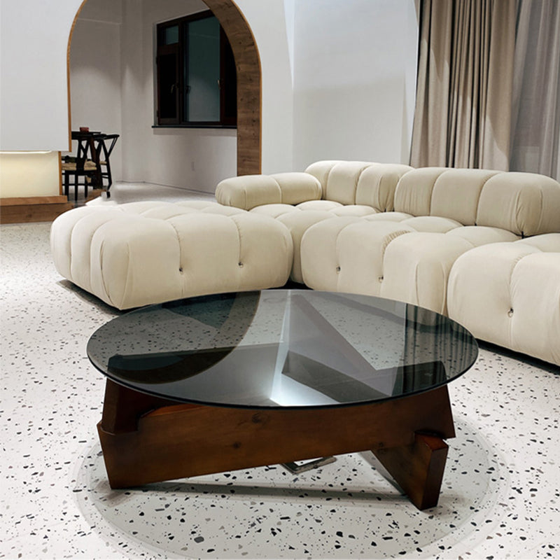 Tavolo da cocktail tondo in vetro con base in legno massiccio