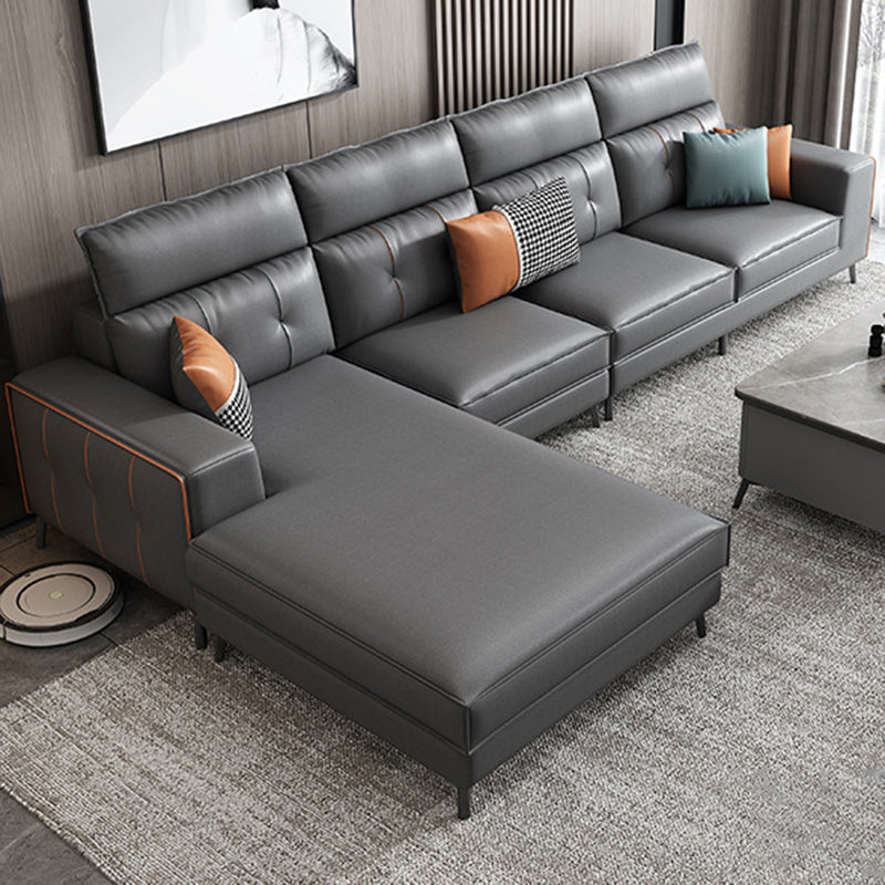 Modern 5-seat Faux Leather Sectional Square Arm Sectional with 4 Pillows Dark Gray Clearhalo 'furn' 'furn_sectionals' 'Furniture' 'Living Room Furniture' 'Sectionals' 5995353