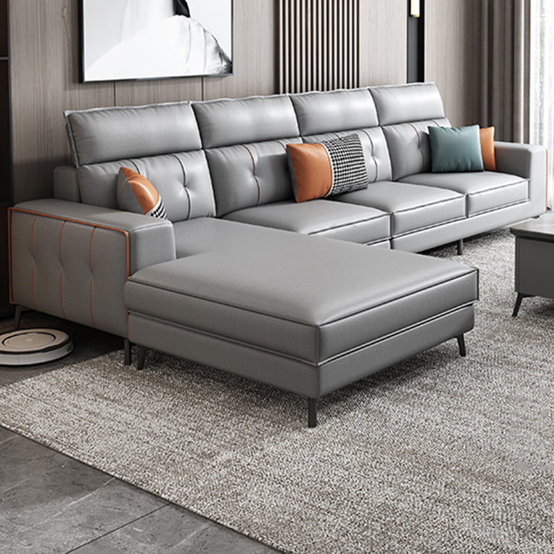 Modern 5-seat Faux Leather Sectional Square Arm Sectional with 4 Pillows Light Gray Clearhalo 'furn' 'furn_sectionals' 'Furniture' 'Living Room Furniture' 'Sectionals' 5995354