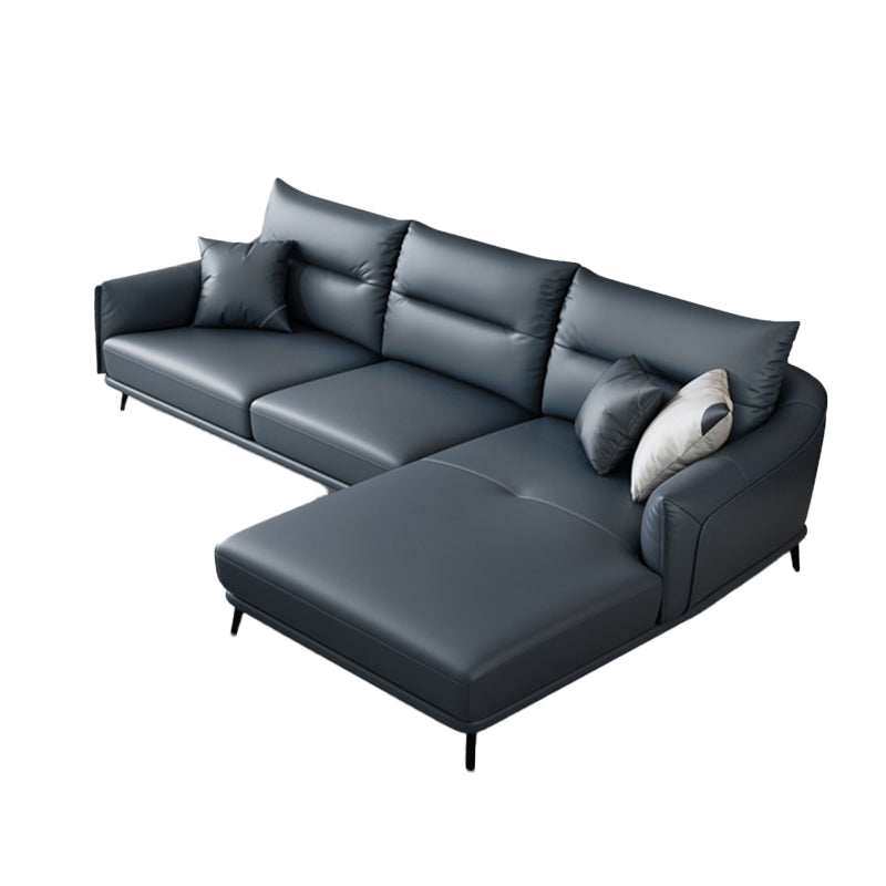 Blue Pillow Back Sectional Genuine Leather L-shape 3/4-Seat Sectional