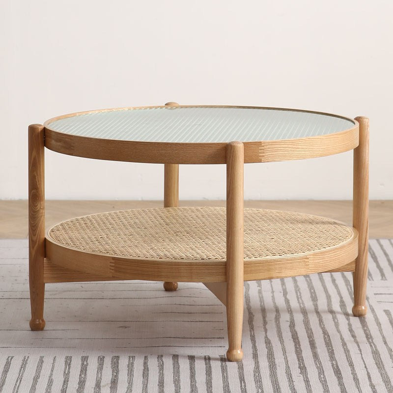 Glass-Topped Coffee Cocktail Table with Shelf Contemporary 4 Legs Coffee Table 28"L x 28"W x 18"H Natural Clearhalo 'Coffee & Accent Tables' 'Coffee Tables' 'coffee_tables' 'furn' 'furn_coffee_tables' 'Furniture' 'Living Room Furniture' 5995482