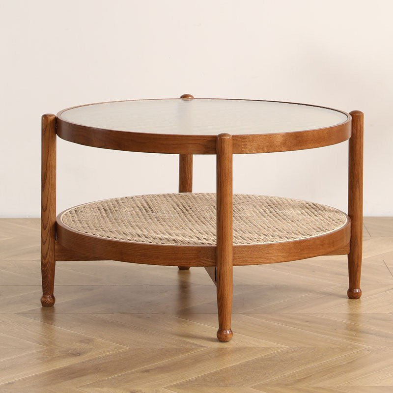 Glass-Topped Coffee Cocktail Table with Shelf Contemporary 4 Legs Coffee Table 28"L x 28"W x 18"H Walnut Clearhalo 'Coffee & Accent Tables' 'Coffee Tables' 'coffee_tables' 'furn' 'furn_coffee_tables' 'Furniture' 'Living Room Furniture' 5995483