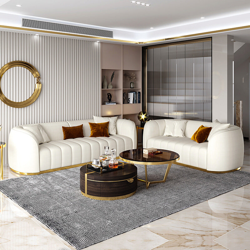 Beige eigentijdse bank met kussens faux lederen smoking tuxedo arm bank